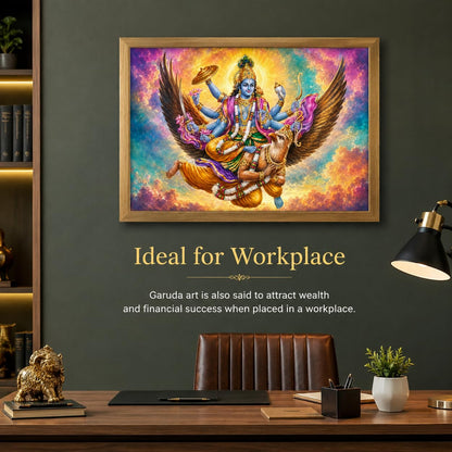 Lord Vishnu Garuda Vastu Devotional Wall Painting for Living Room Bedroom Hall Office Decor, Hindu Spiritual Artwork, Premium Wooden Synthetic Frame (13.5 x 19.5 Inch) NM01-V-165