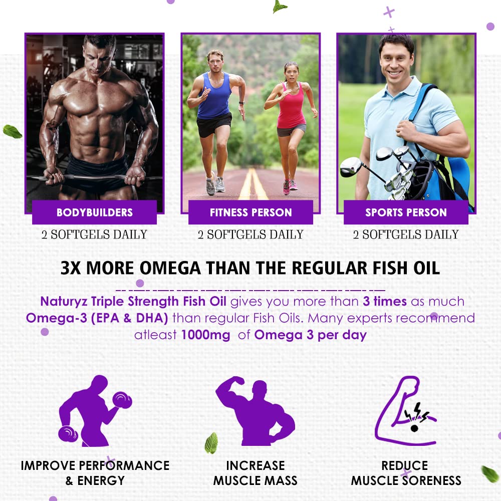 Advertisement for a fish oil supplement with images of bodybuilders, fitness persons, and sports people, and text highlighting omega-3 benefits.