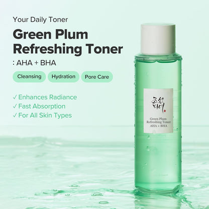 Green plum refreshing toner bottle with product details on a light green background