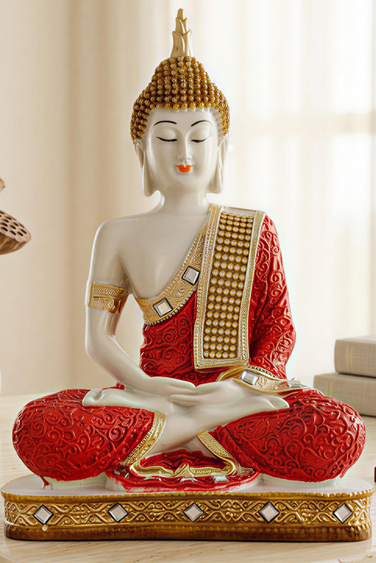 New Limited Edition 25 Centimetre Meditating Sitting Buddha Idol Statue showpiece Home Decor Decoration Items for Living Room and Gifts (Red White Glossy)