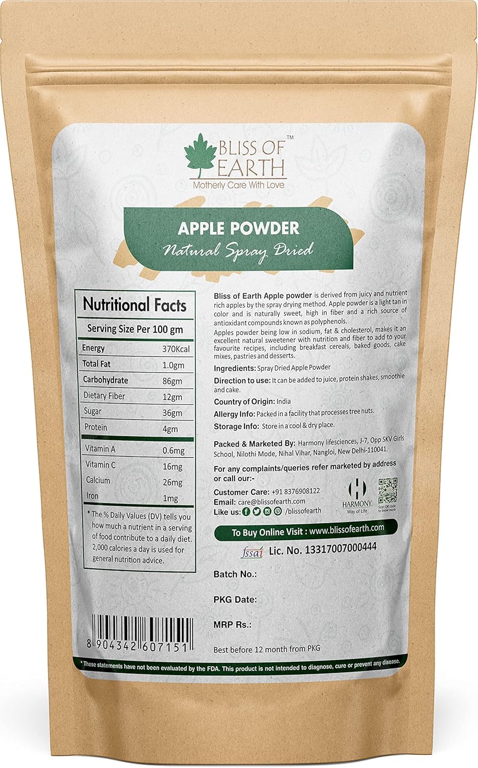 Bliss of Earth 1 KG Apple Powder Natural Spray Dried Great for Smoothie | Apple juice | pie | Cake