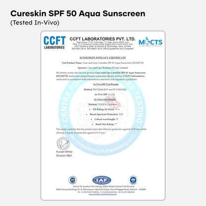 Cureskin SPF 50 Aqua Sunscreen with Advanced UV Filters | Broad Spectrum Sun, UVA, UVB, Blue Light Protection, SPF 50 & PA+++, 50 g (Pack of 1)