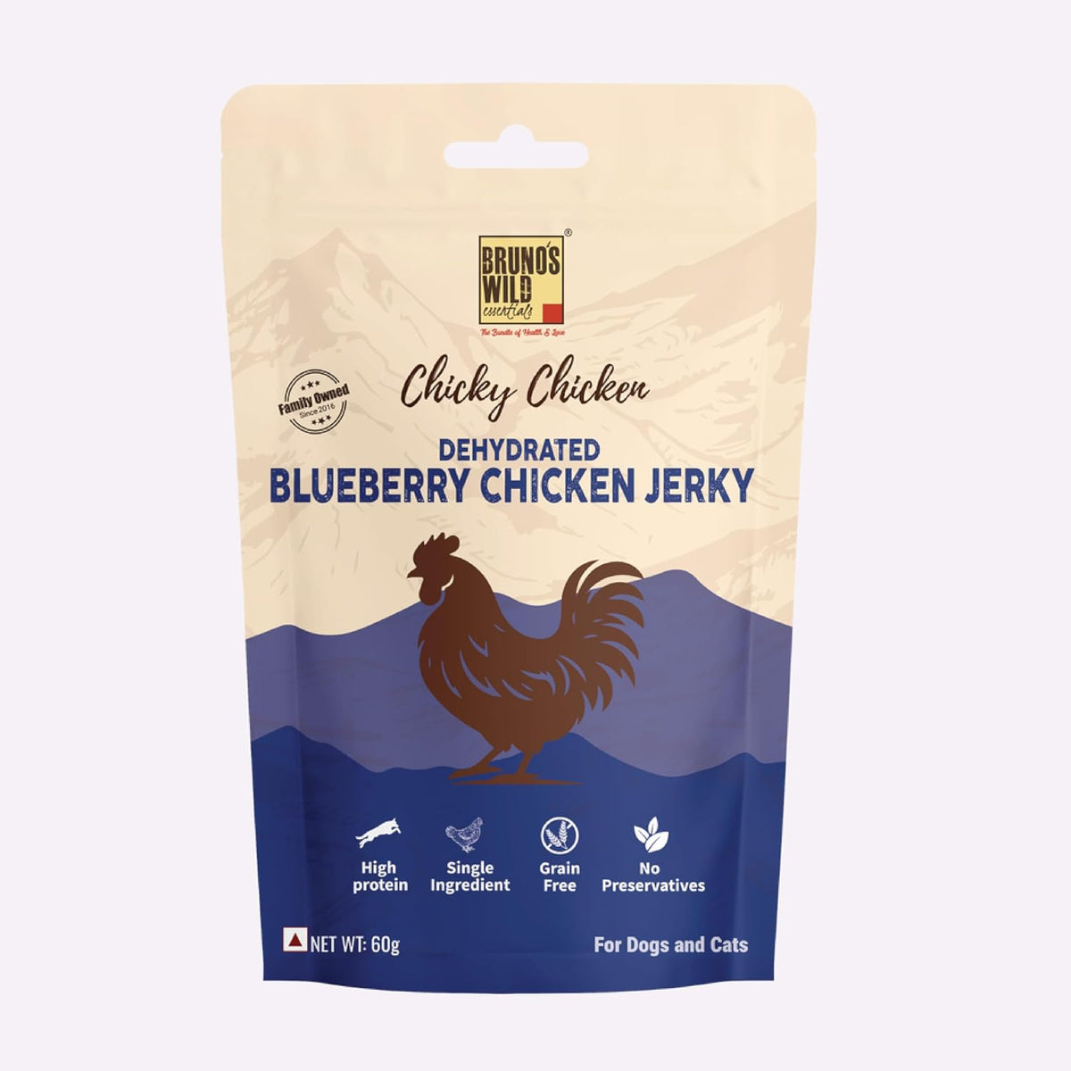 Brunos Dehydrated Blueberry Chicken Jerky - 60g |Treat for Dogs & Cats|Grain Free Natural Treats|Single Ingredient|Preservative Free|Immunity Boost Formula | Healthy Snack for Pets