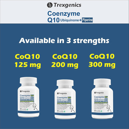 Three bottles of Trexgenics Coenzyme Q10 supplements on a blue background with product details.