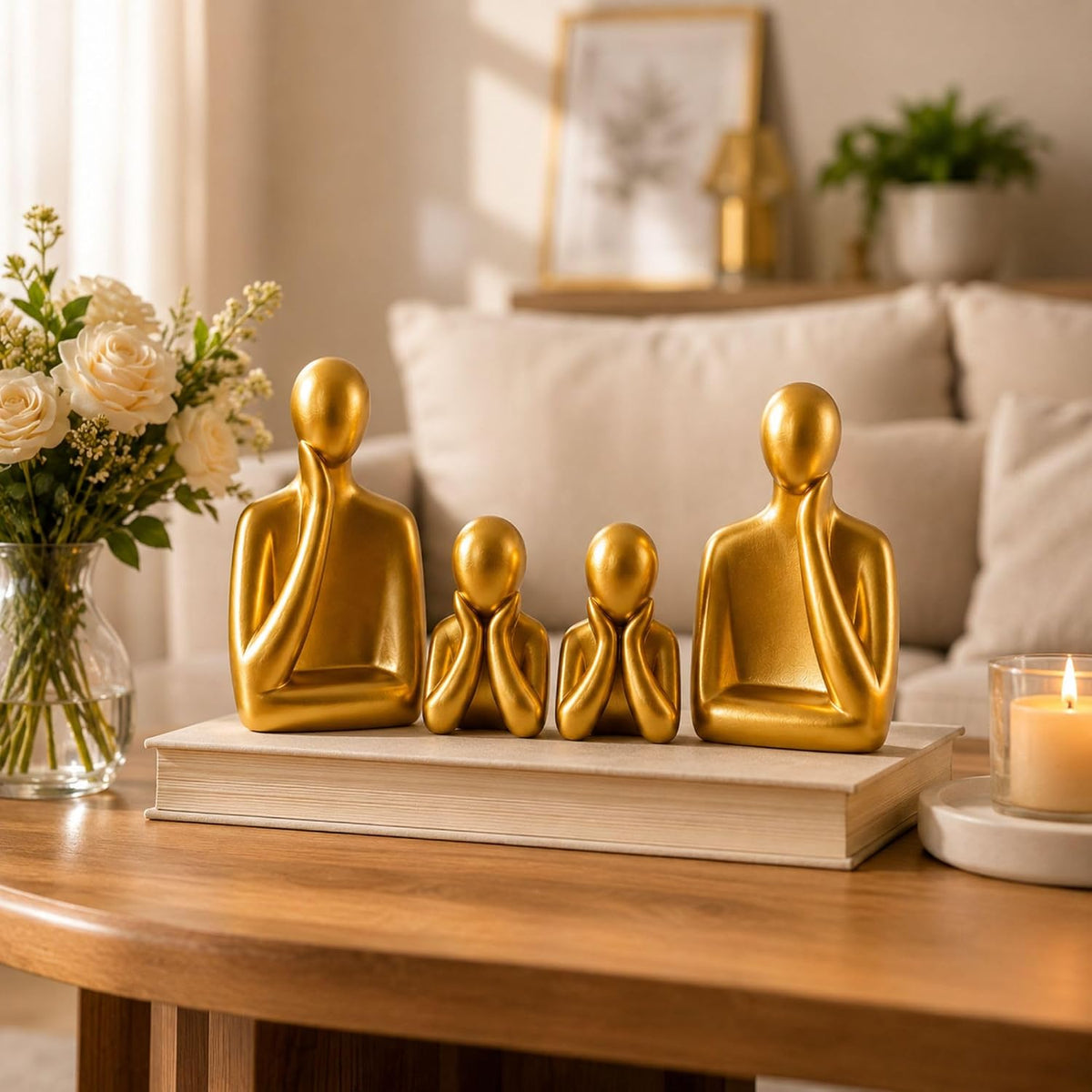 Ceramic Family Statue Set of 4 – Home Decor Items for Living Room, Bedroom, Office & Table Artifact (Gold)