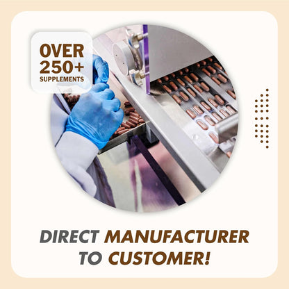 Person in blue gloves operating a machine with text about supplements and direct manufacturing.