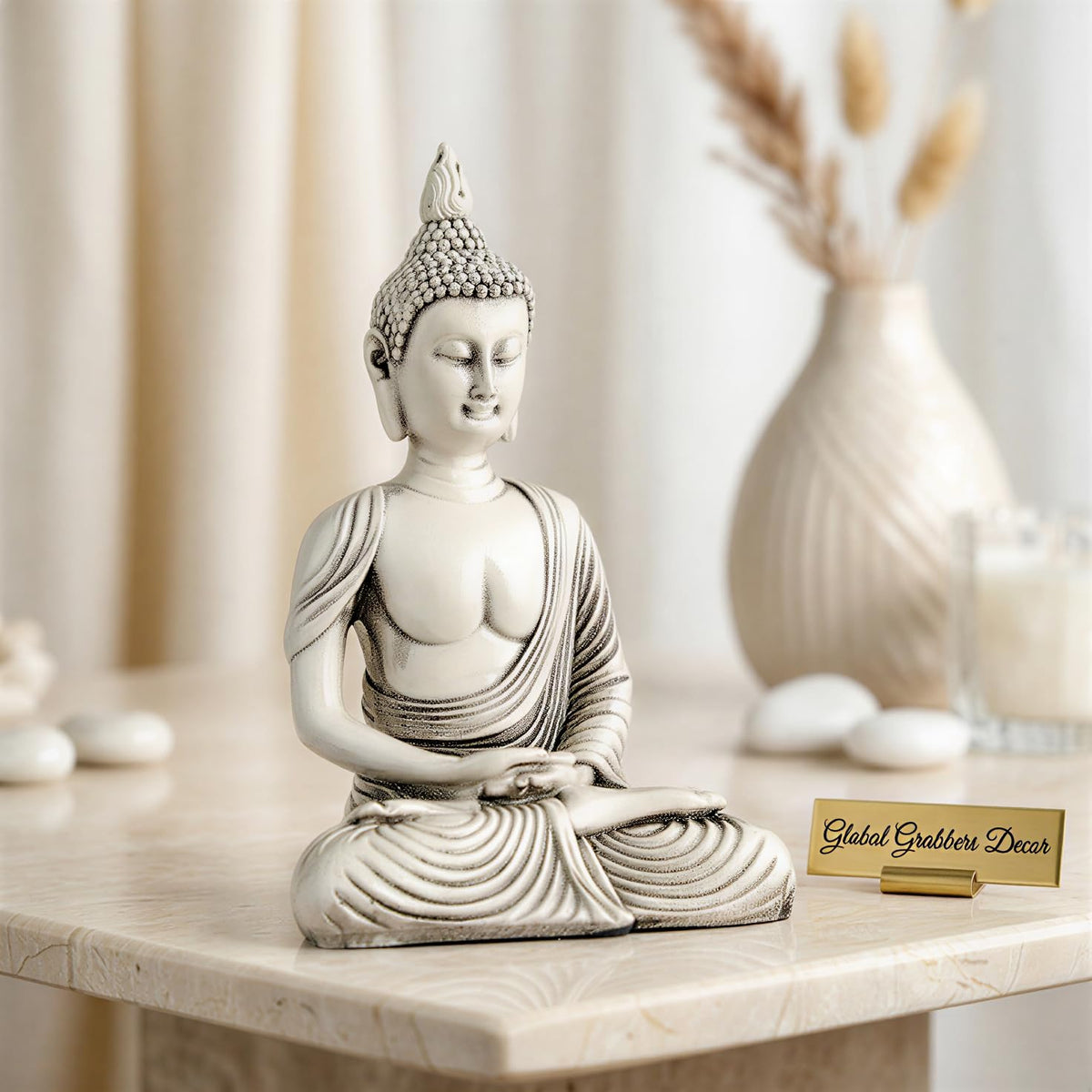New Sitting Meditating Buddha Statue showpiece Idol Home Decor Items for Living Room and Gifts (Antique White)