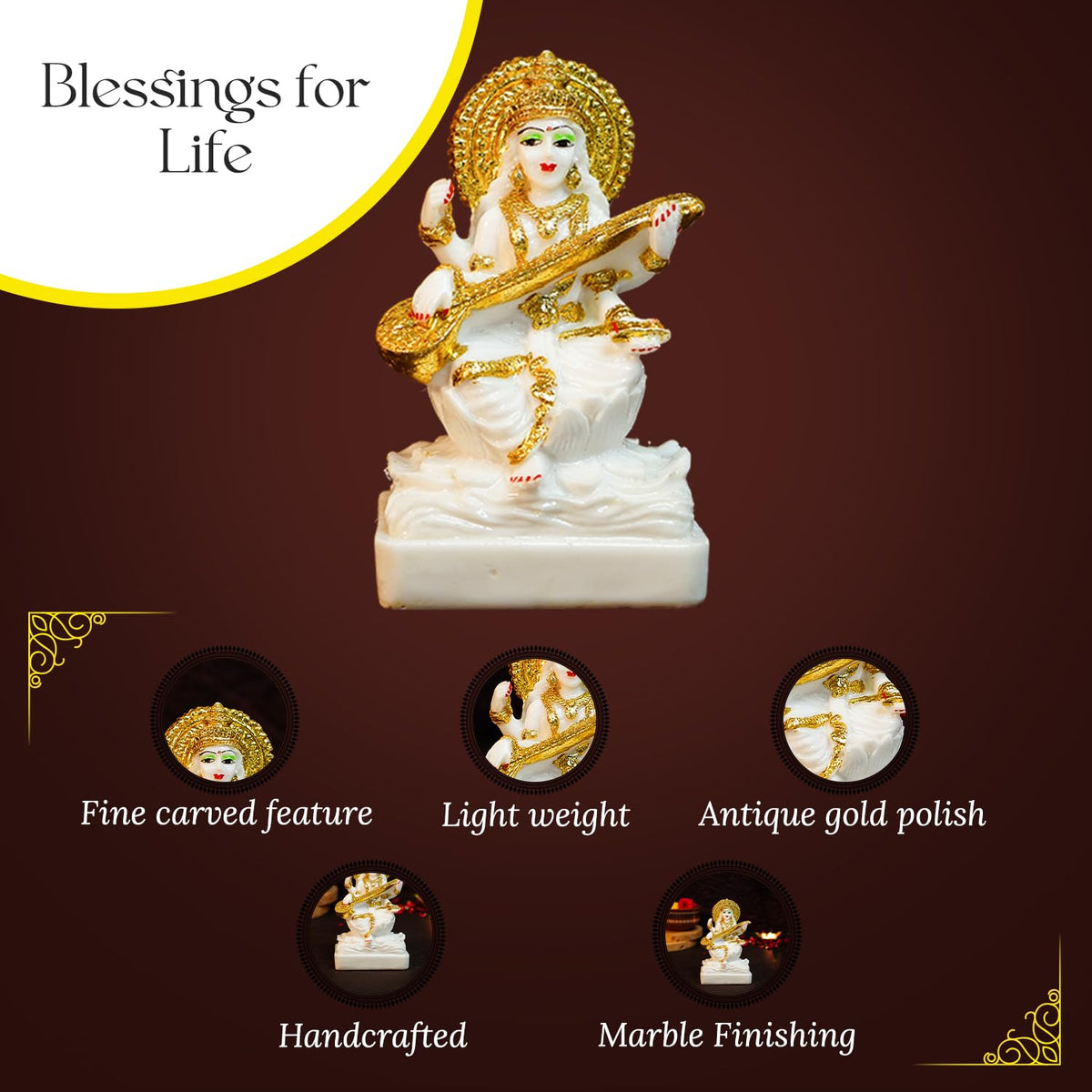 Aura Series Marble Dust Maa Saraswati Idol (5 inch) | Gold Plated Saraswati Maa Murti for Study Table, Pooja Room & Home Decor | Resin Saraswathi Devi Pital Idol | Saraswati Statue for Gifting
