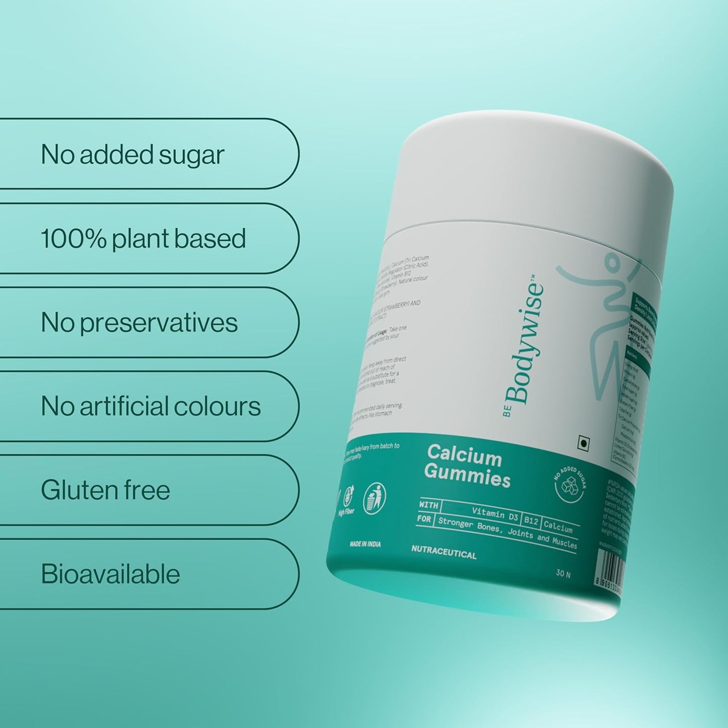 Be Bodywise Calcium Gummies | With Vitamin D3, B12 & Chicory Root Fibre | 500mg Calcium/Gummy| Supports Bone Strength, Joint & Muscle Health | Gut-Friendly Formula | No Added Sugar | 30 Gummies