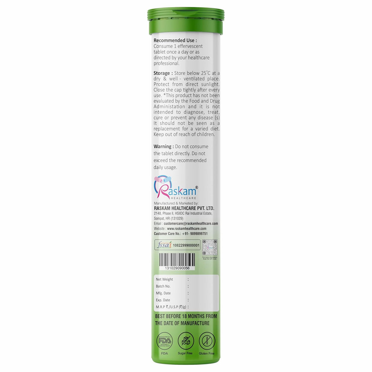 Vaskam healthcare product packaging with green cap and white label on a white background