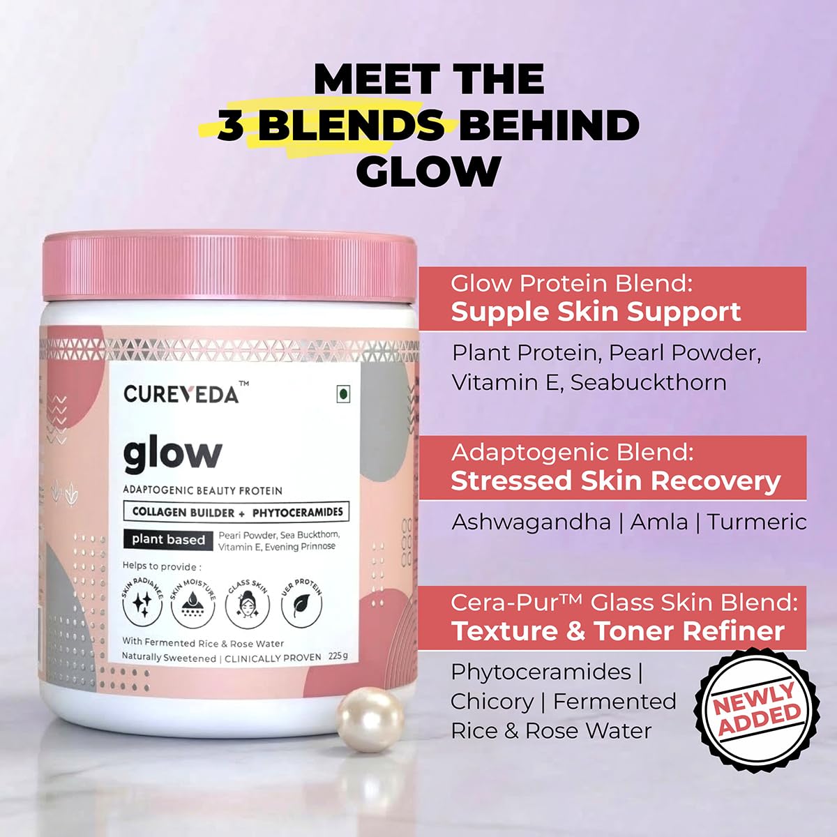 Cureyeda glow beauty protein supplement with product details on a light purple background