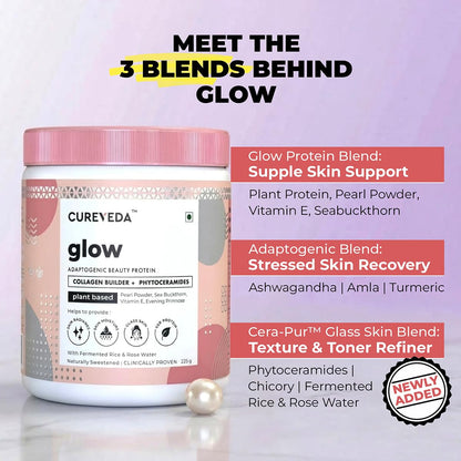 Cureyeda glow beauty protein supplement with product details on a light purple background