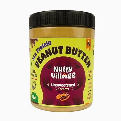 Nutty Village Natural Unsweetened Peanut Butter Creamy with 31.08g Protein - No Added Sugar and Salt - No Palm Oil - Vegan and Gluten free - 325g Peanut Butter