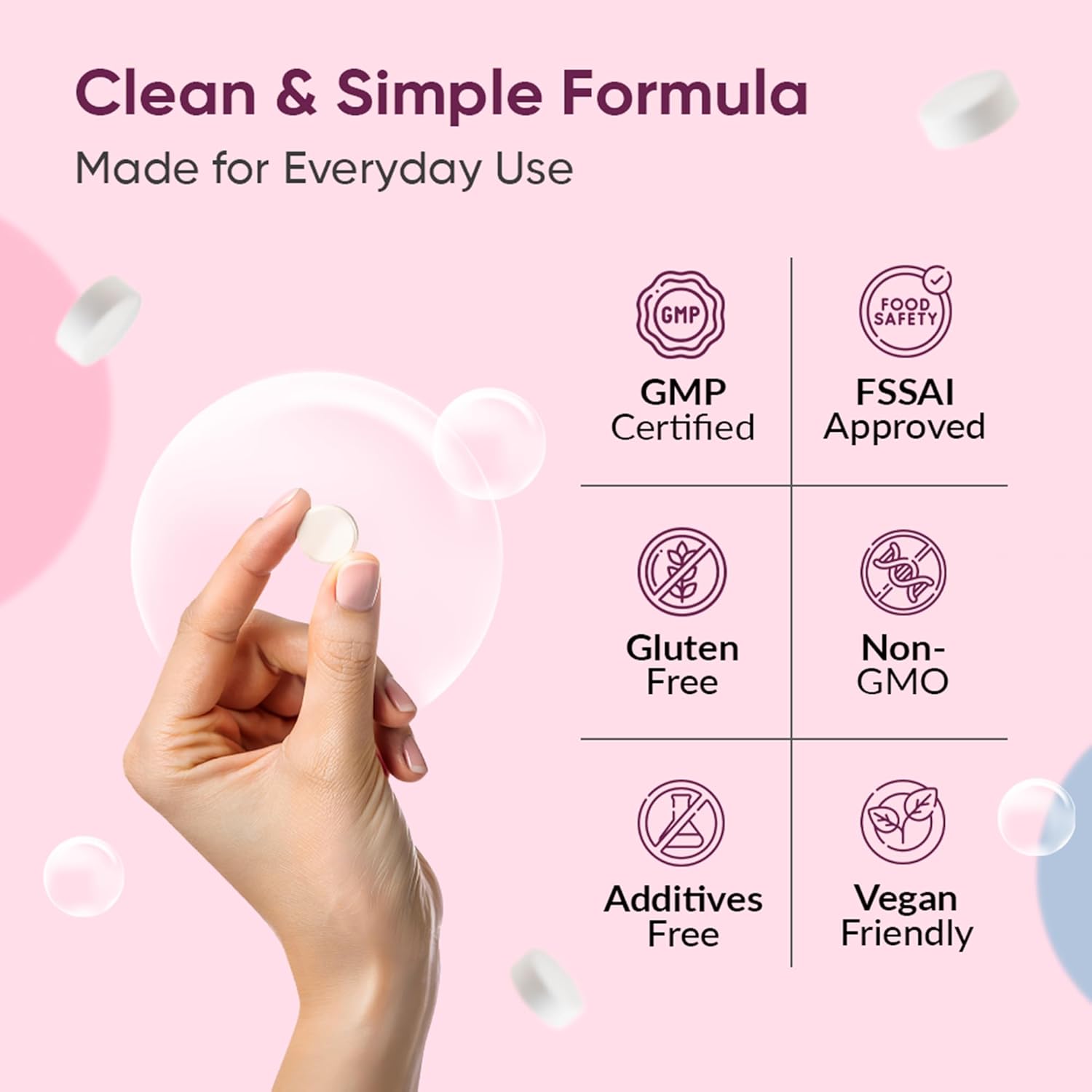 Product packaging with certification logos and a hand holding a white object on a pink background