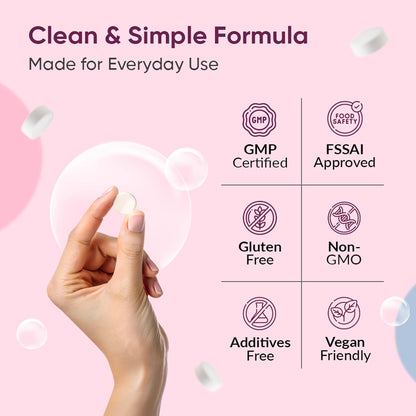 Product packaging with certification logos and a hand holding a white object on a pink background