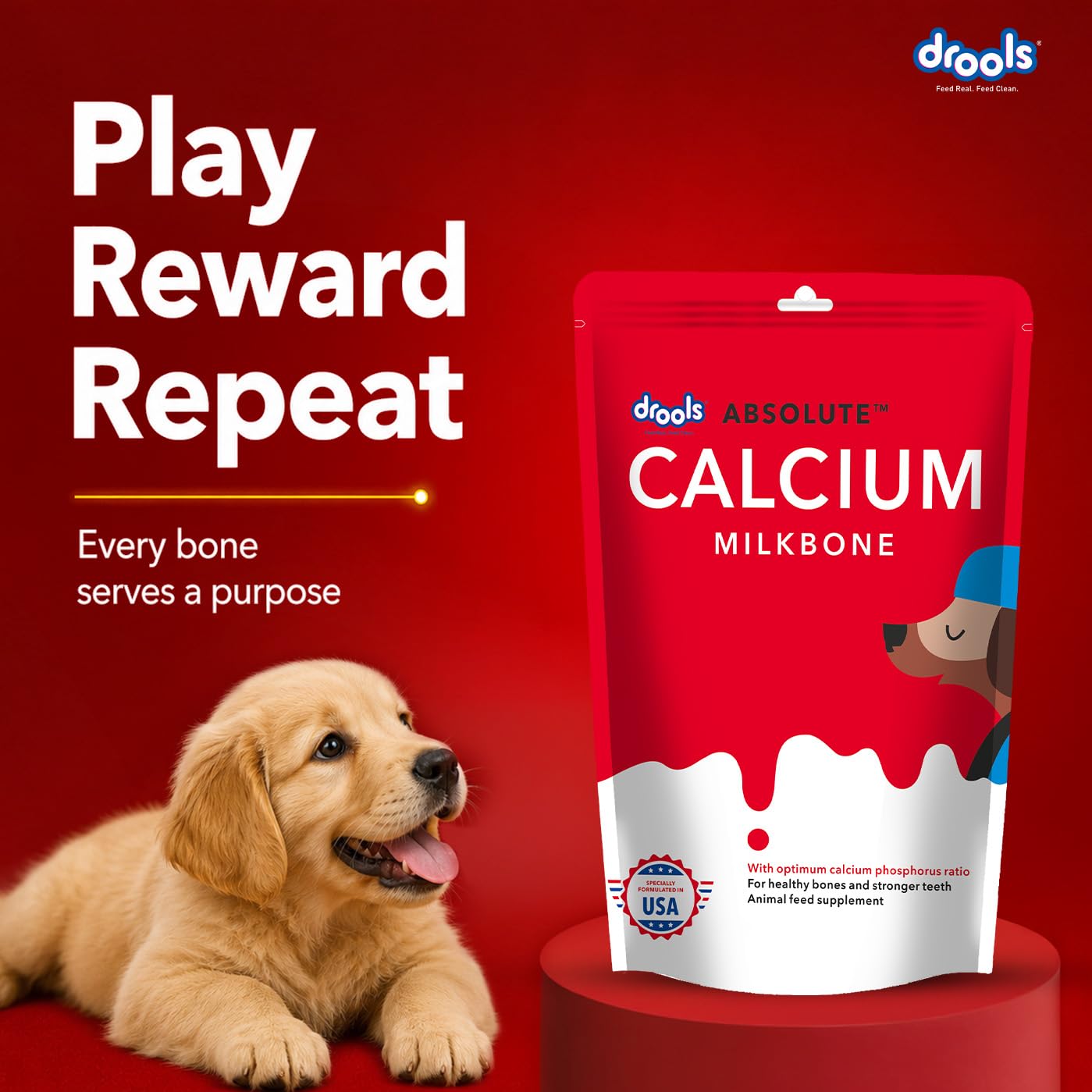 Drools Absolute Dog Treat Calcium Bone Pouch, 190g Pack | Chicken Flavour | Healthy Bones & Joint | Strong Teeth | Optimum Calcium & Phosphorus Ratio,All Life Stages