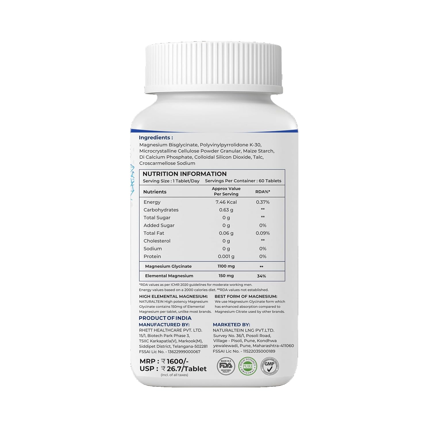 Supplement bottle with nutritional information label on a white background