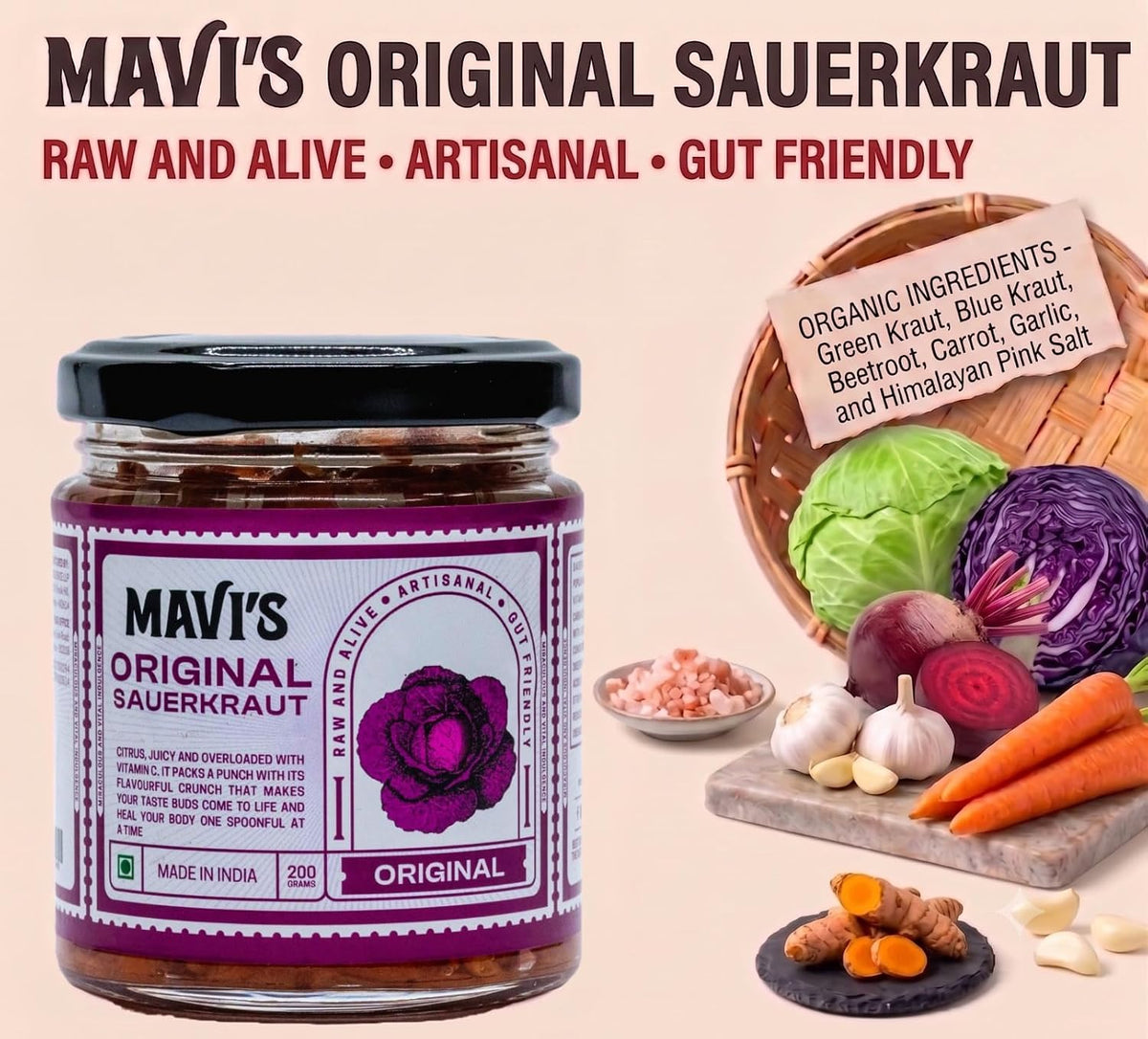 MAVI's Original Sauerkraut| Organic Cabbage & Ingredients| Gut friendly | 100% Natural & Vegan| No Preservatives | No Artificial Flavour or Colour | 200g (Pack of 1)