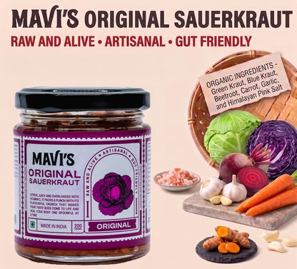 MAVI's Original Sauerkraut| Organic Cabbage & Ingredients| Gut friendly | 100% Natural & Vegan| No Preservatives | No Artificial Flavour or Colour | 200g (Pack of 1)