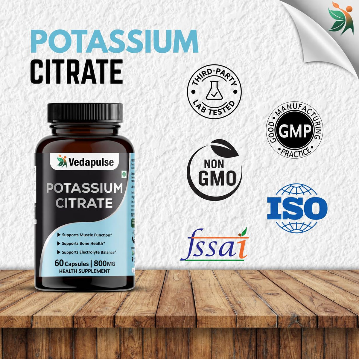 Vedapulse Potassium Citrate Capsules | Health Supplement | 800 mg Elemental Potassium per Serving | 60 Capsules