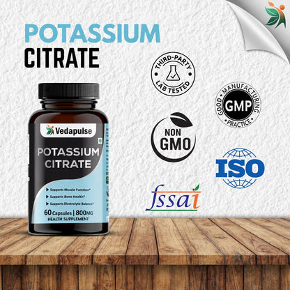 Vedapulse Potassium Citrate Capsules | Health Supplement | 800 mg Elemental Potassium per Serving | 60 Capsules
