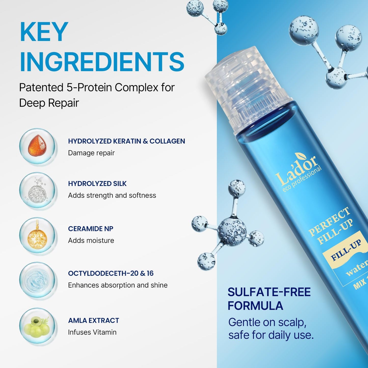LADOR Perfect Hair Fill Up 3 Seconds Intensive Keratin Hair Mask Rinse Off Treatment for Bleached Frizzy Damaged Dry Hair, Deep Conditioner Protein Hair Care Korean Hair Ampoule (13 ml)
