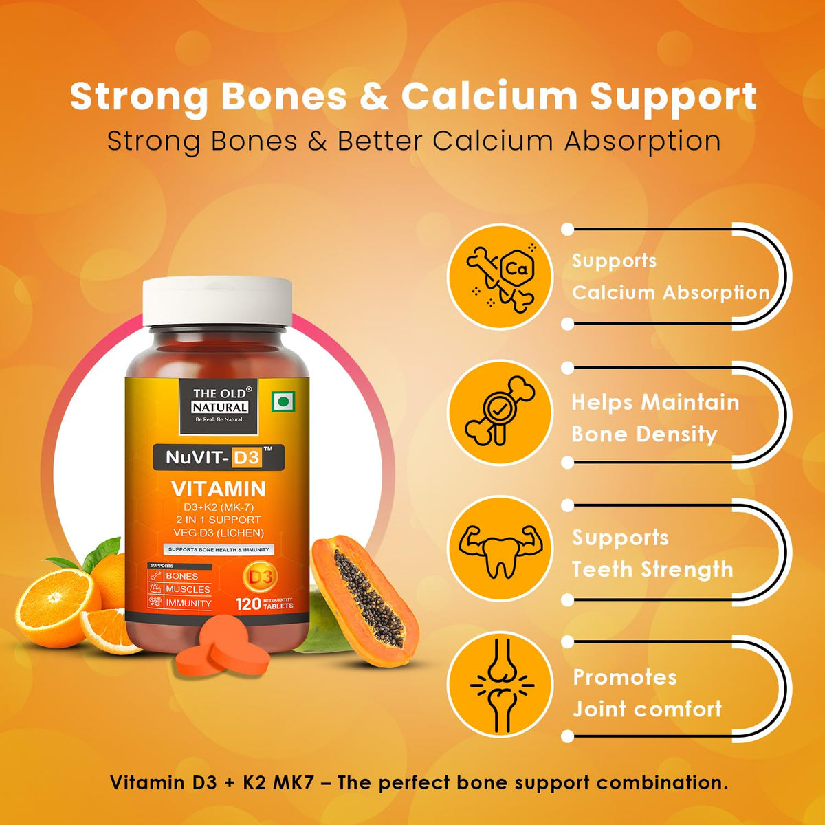 The Old Natural Nuvit-D3, Vitamin D3 K2 MK7 Tablets, Vitamin D3 (Lichen) + K2 for Bone Strength & Calcium Absorption, Heart & Immunity Support, High Absorption Formula (120 Tablets)