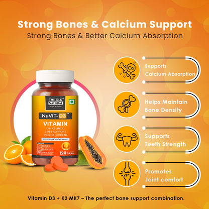The Old Natural Nuvit-D3, Vitamin D3 K2 MK7 Tablets, Vitamin D3 (Lichen) + K2 for Bone Strength & Calcium Absorption, Heart & Immunity Support, High Absorption Formula (120 Tablets)