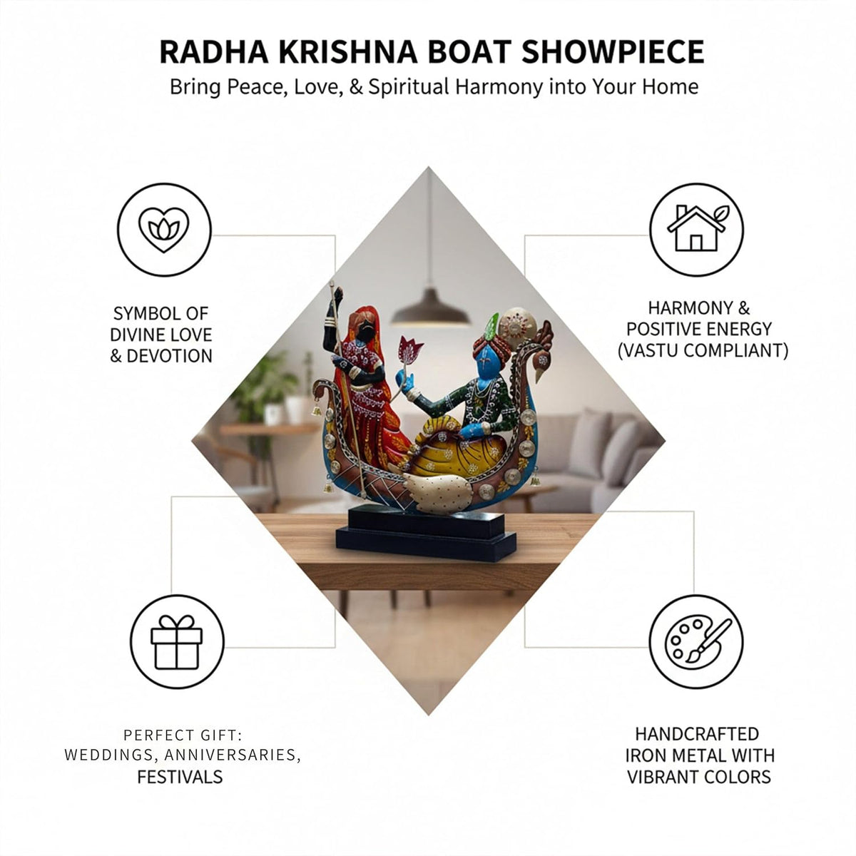 Radha Krishna Boat Showpiece for Home Decor | Iron Metal Decorative Idol with Wooden Base | 15 Inch Spiritual Statue for Living Room, Bedroom, Temple & Gifting