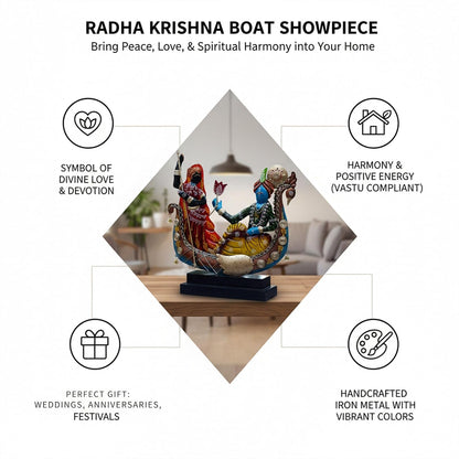 Radha Krishna Boat Showpiece for Home Decor | Iron Metal Decorative Idol with Wooden Base | 15 Inch Spiritual Statue for Living Room, Bedroom, Temple & Gifting