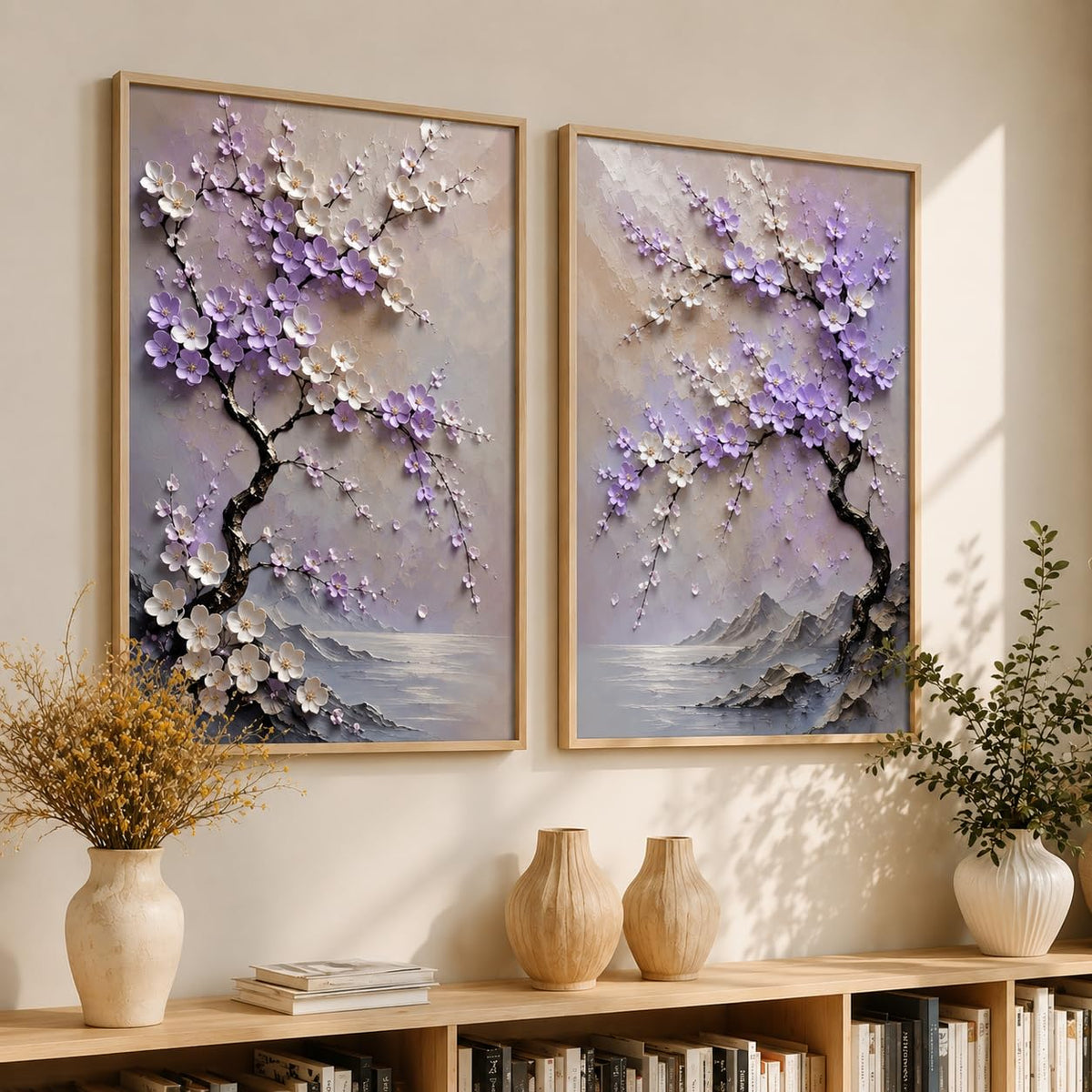 2 Piece Framed Wall Art Set, 3D Textured Floral Botanical Painting, Modern Abstract Flower Wall Decor for Living Room, Bedroom, Dining Room & Office, Brown Frame, 13 x 19 Inch, Ready to Hang, Housewarming Gift