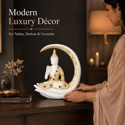 10 Inches 3D Resin Lucky White Crescent Moon Meditating Buddha Statue | Lord Gautam Buddha Idol for Home Decor, Living Room, Office & Gifting