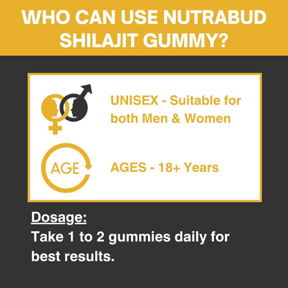 Nutrabud Pure Shilajit/Shilajeet Gummies 100mg For Men, Women - 60 Gummies | Boosts Stamina & Improves Energy Levels | Tamarind Flavour Veg Gummy Supplement (60 Count (Pack of 1), Tamarind)