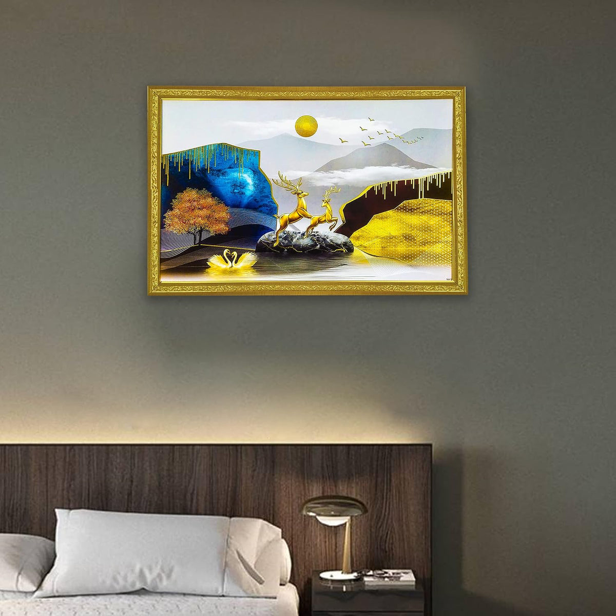 Abstract art Framed Golden Foil 3D Style Landscape Painting | Ready to Hang (14 x 20 inches, Multicolor)