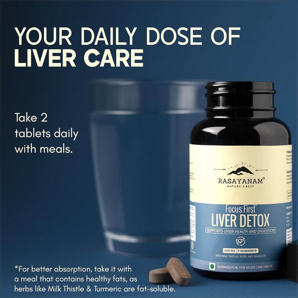Rasayanam Liver Detox supplement bottle with text on a blue background