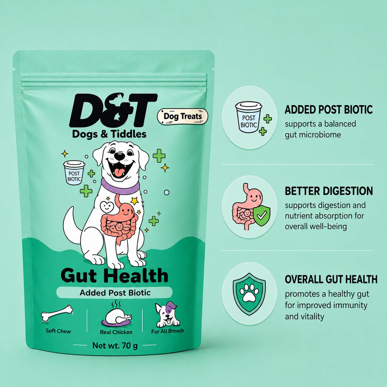 Dogs & Tiddles Gut Health Dog Treats for Puppies & Adult Dogs, 70g | Soft & Chewy Real Chicken Treats | with Postbiotics | Supports Digestion & Digestive Health
