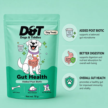 Dogs & Tiddles Gut Health Dog Treats for Puppies & Adult Dogs, 70g | Soft & Chewy Real Chicken Treats | with Postbiotics | Supports Digestion & Digestive Health