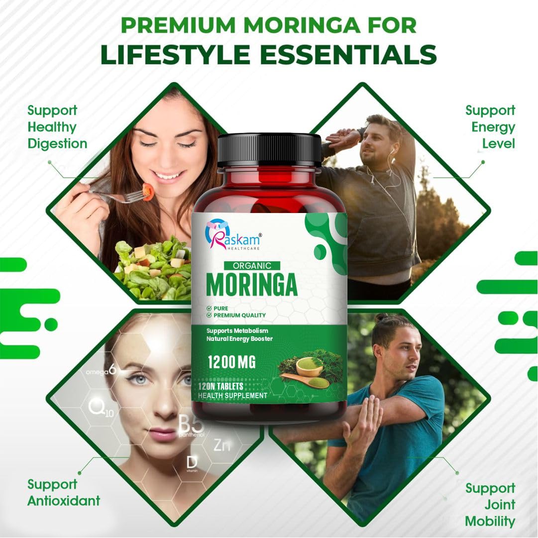 Moringa supplement bottle with lifestyle images and text on a white background