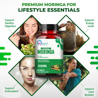 Moringa supplement bottle with lifestyle images and text on a white background