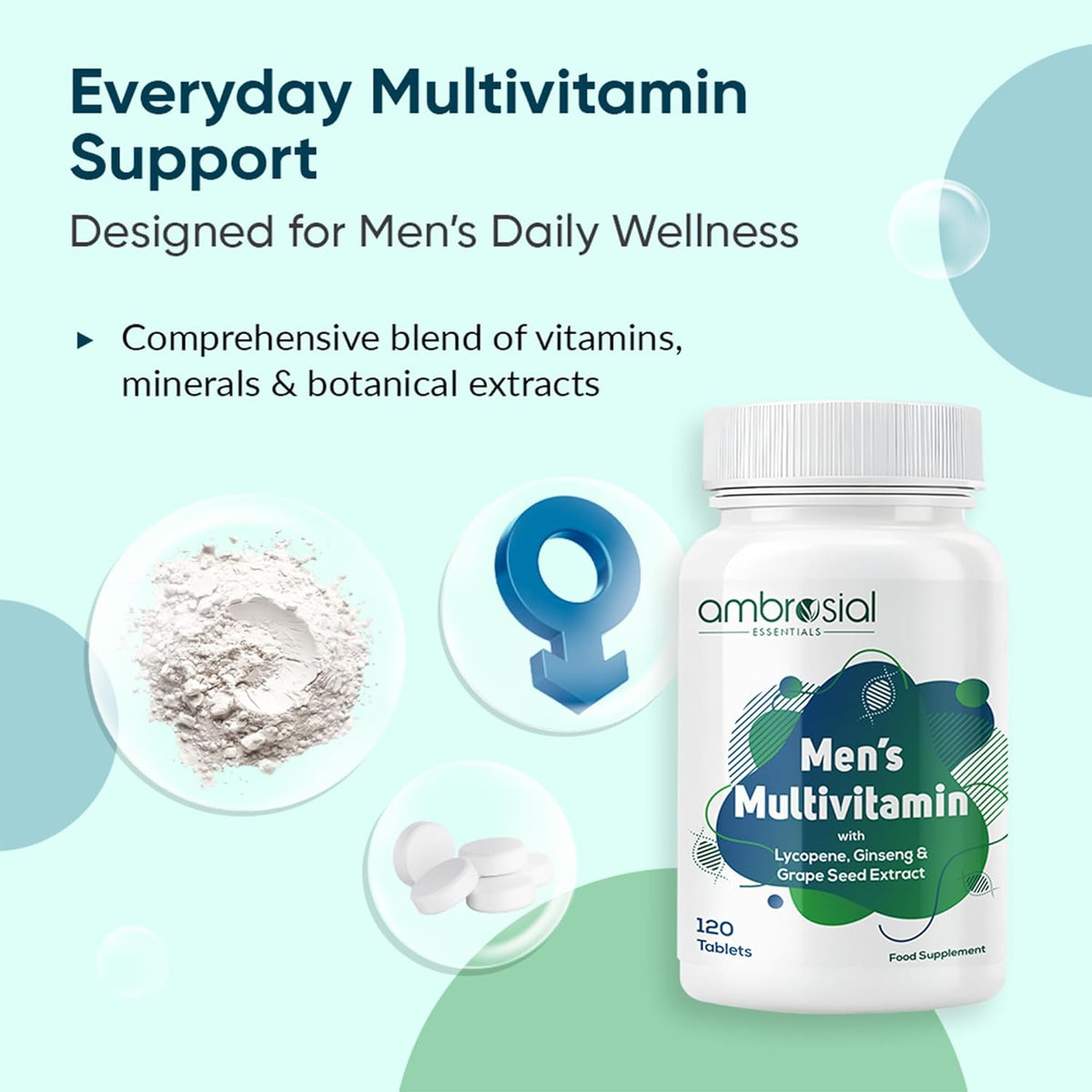 Ambrosial Men's Multivitamin bottle with text about daily wellness support on a light blue background.