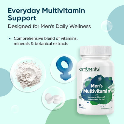 Ambrosial Men's Multivitamin bottle with text about daily wellness support on a light blue background.