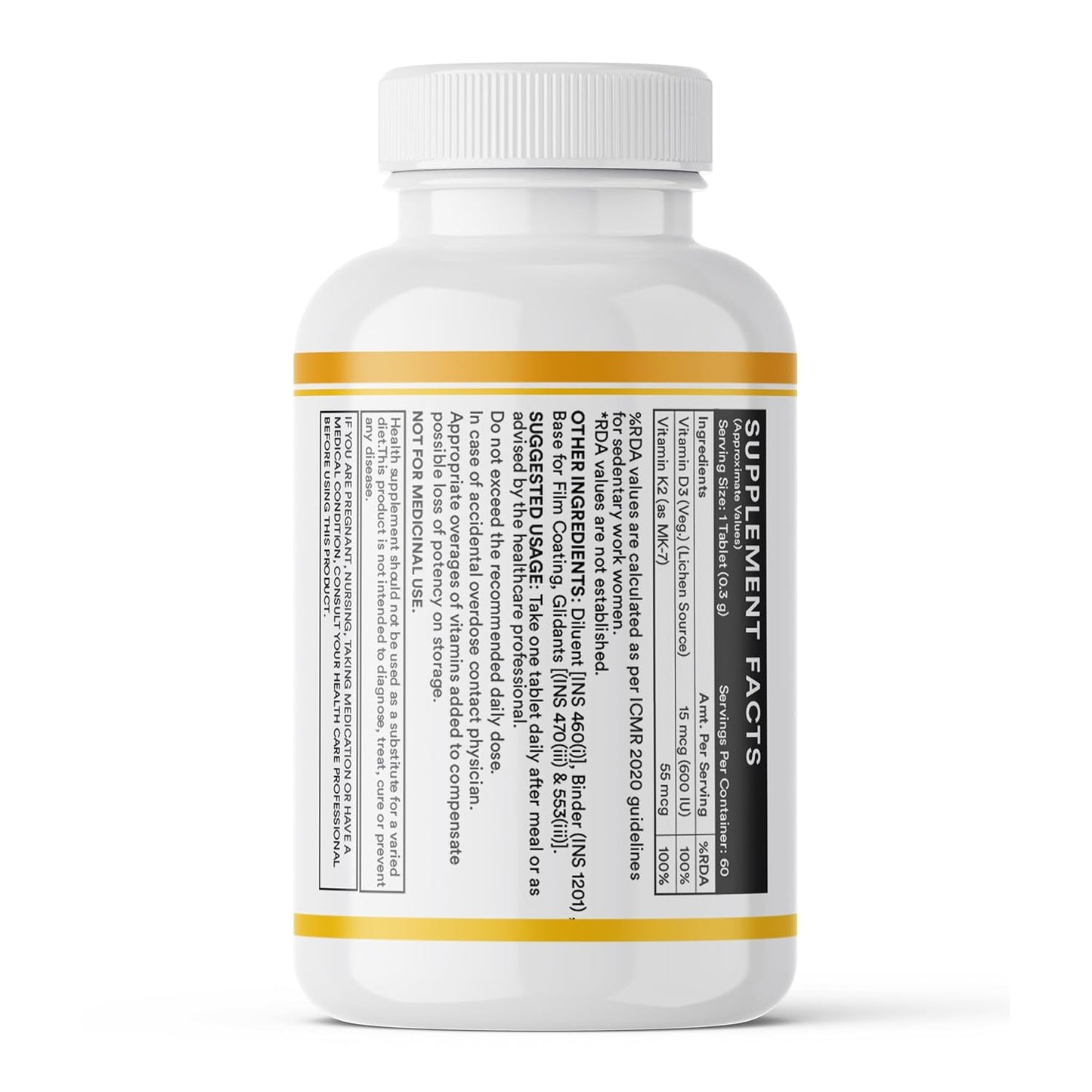 INLIFE Vitamin D3 K2 Supplement | Derived from Lichen (Plant Based) & Vitamin K2 (MK7) | Supports Bone, Teeth, Heart, Immunity, Mood, Strength, Recovery | For Men & Women - 60 Vegetarian Tablets