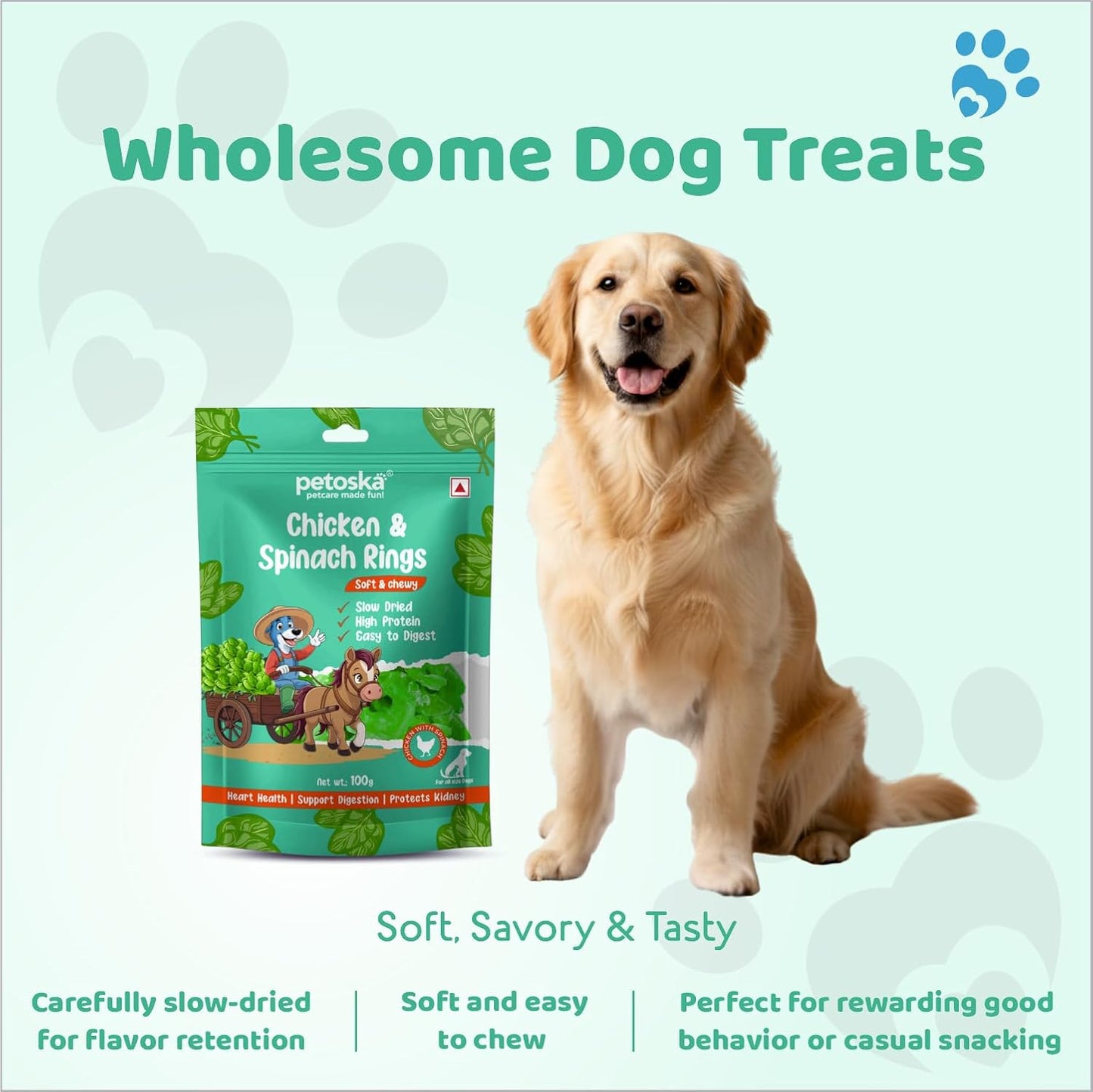 Petoska Chicken & Spinach Rings Dog Treats – 100 g Soft, Protein-Rich Ring-Shaped Snacks for Puppies and Adult Dogs, Natural Vegetable-Infused Reward for All Breeds