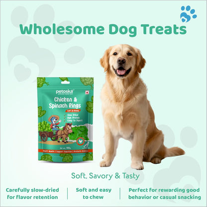 Petoska Chicken & Spinach Rings Dog Treats – 100 g Soft, Protein-Rich Ring-Shaped Snacks for Puppies and Adult Dogs, Natural Vegetable-Infused Reward for All Breeds