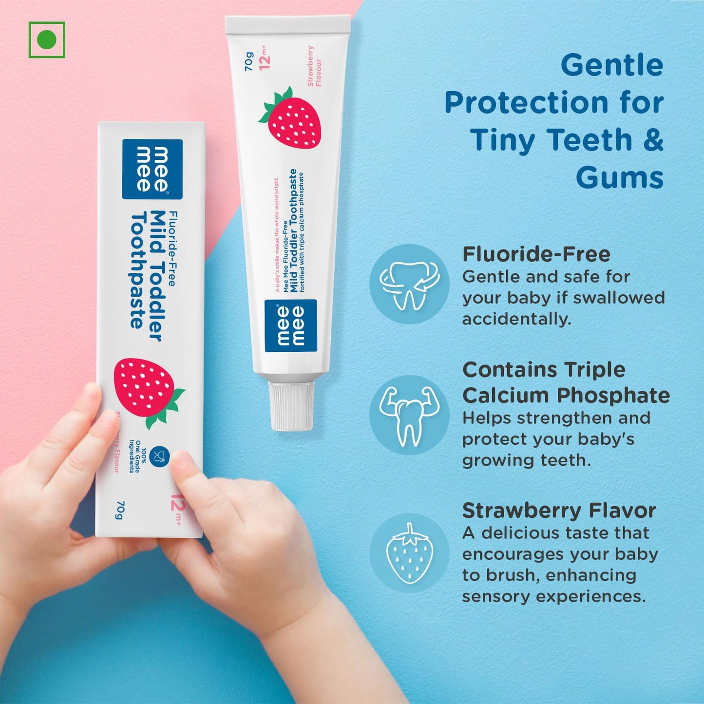 Mee Mee Fluoride Free Baby Toothpaste for Kids & Toddlers | Safe to Swallow Training Toothpaste | Strawberry Flavor | Cavity Protection | Gentle Oral Care | 70g