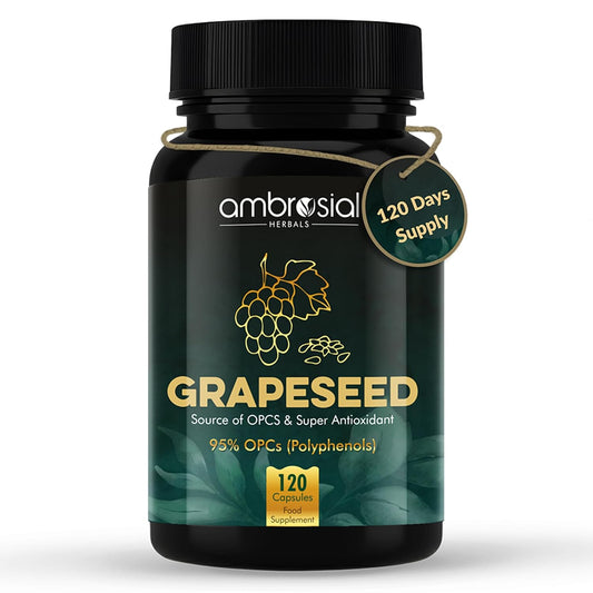 Grapeseed supplement bottle with 'ambrosial' branding on a white background