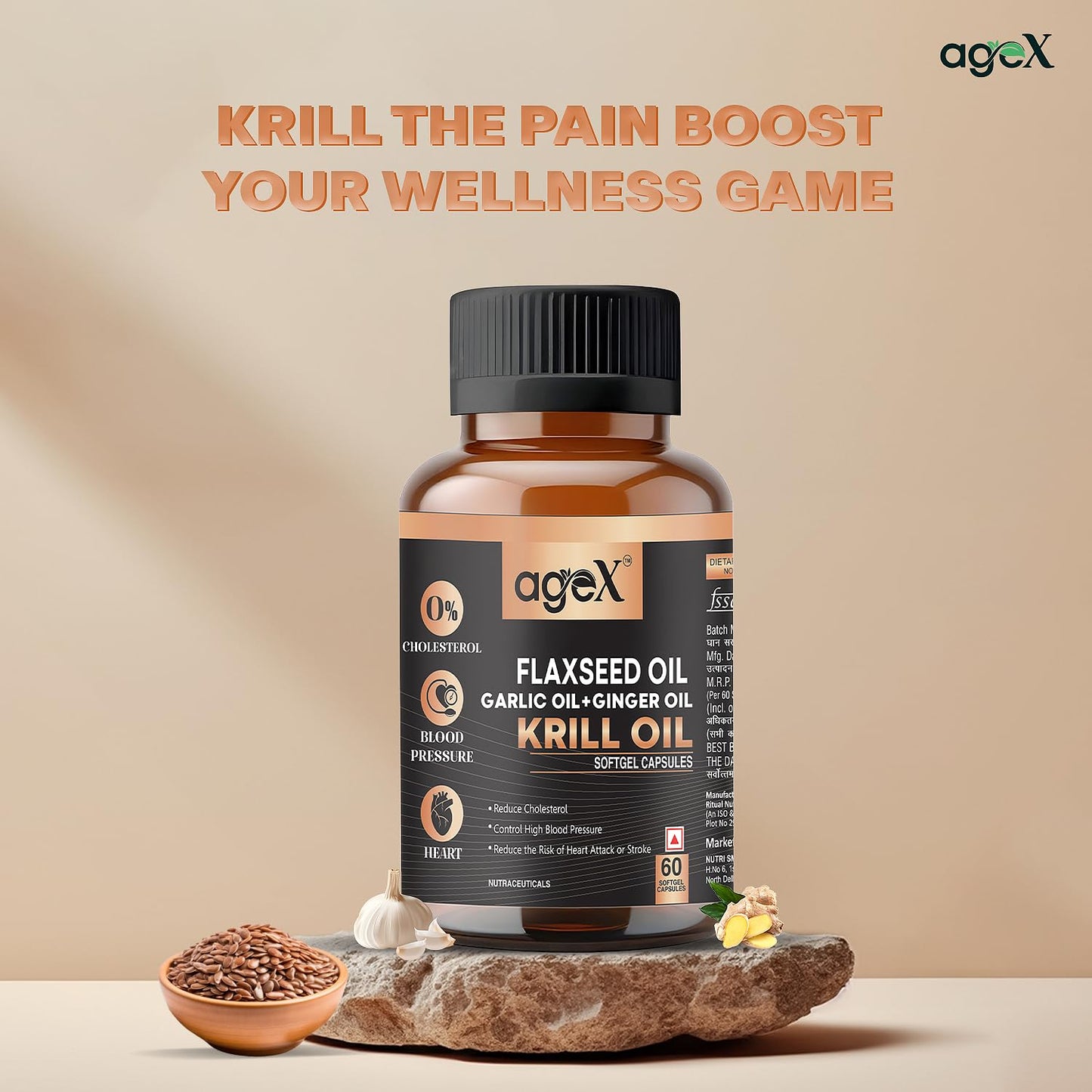 Flex Power Capsules: Flaxseed, Garlic, Ginger & Krill Oil - 60 Softgel Capsules | Nutritional Powerhouse for Vitality, Immunity, and Heart Health (Pack of 1)