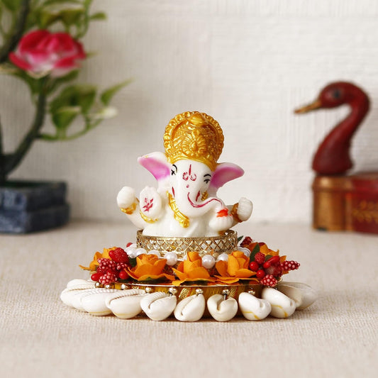 Polyresin Lord Ganesha Idol On Shells and Orange Floral Decorative Handcrafted Plate - Exquisite Hindu God Statue for Home, Temple, Office, Car Dashboard - Gift for Housewarming, Birthday