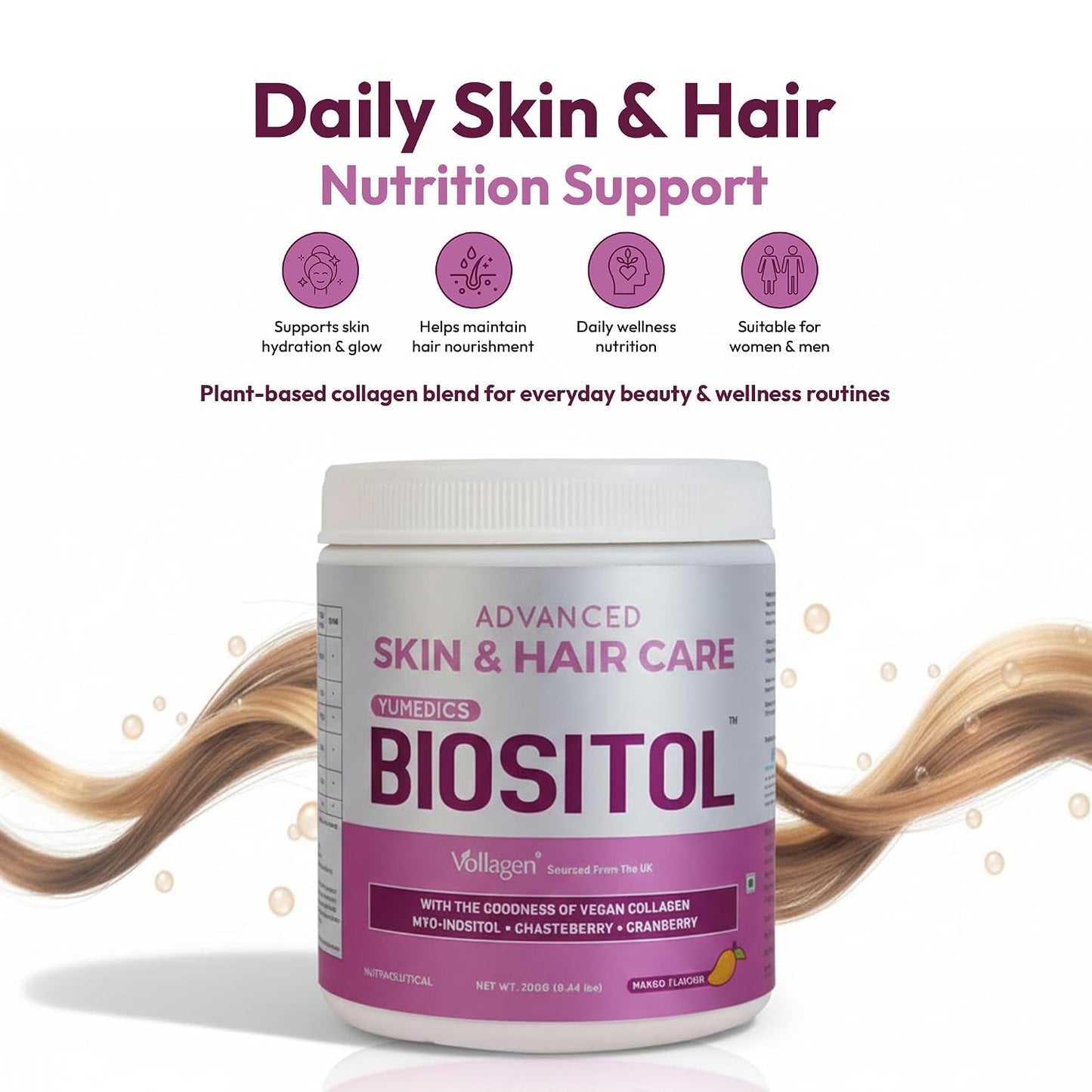 Yumedics Biositol Collagen Powder for Women | 200 Gm Vegan Collagen Powder for Skin & Hair Care | Includes Ashwagandha, Chastberry, Cinnamon, Fenugreek & Green Tea