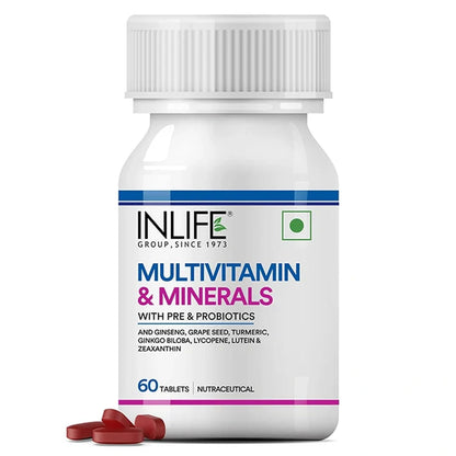 INLIFE Multivitamin Tablets For Men & Women with Ginseng & Prebiotic Probiotic | Multivitamin Supplement with Vitamin B12, C, D, E, Zinc & Biotin Nutrition Tablet (60 Tablets)